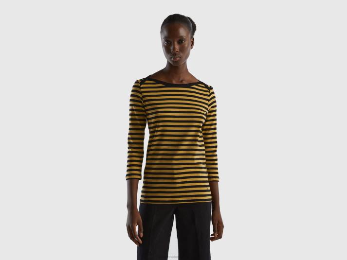 vrouwen Benetton gestreept t-shirt met 3/4 mouwen van 100% katoen mosterd 4R62402