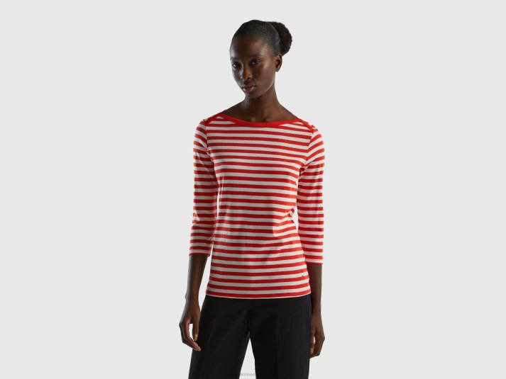 vrouwen Benetton gestreept t-shirt met 3/4 mouwen van 100% katoen rood 4R623892