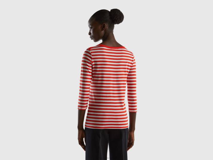 vrouwen Benetton gestreept t-shirt met 3/4 mouwen van 100% katoen rood 4R62405