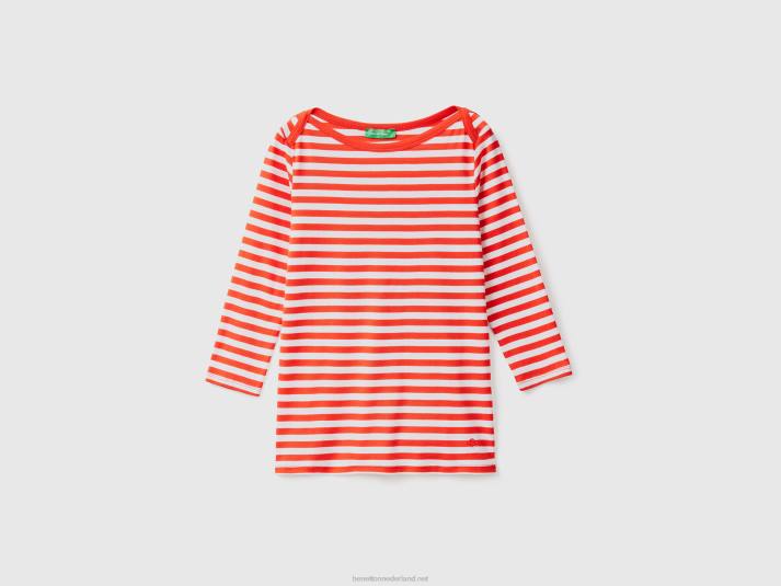 vrouwen Benetton gestreept t-shirt met 3/4 mouwen van 100% katoen rood 4R62405