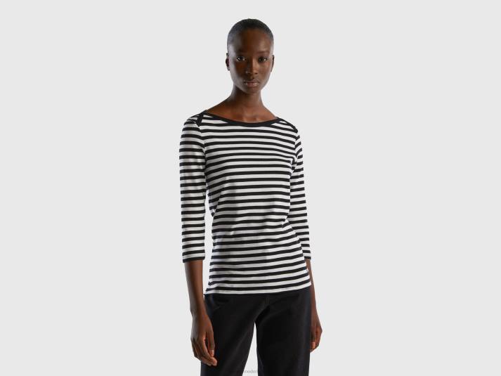 vrouwen Benetton gestreept t-shirt met 3/4 mouwen van puur katoen zwart 4R62442