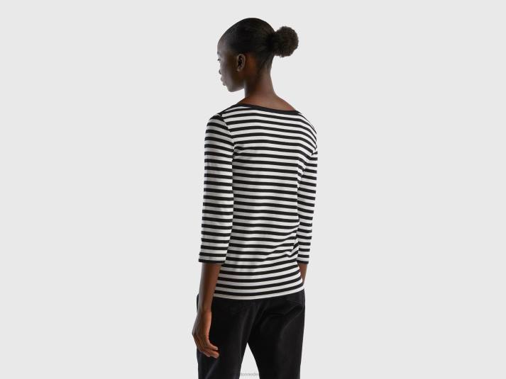 vrouwen Benetton gestreept t-shirt met 3/4 mouwen van puur katoen zwart 4R62442