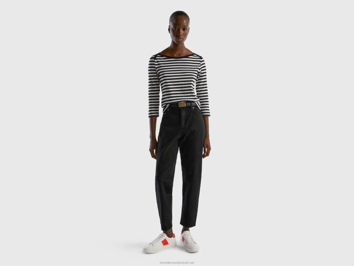 vrouwen Benetton gestreept t-shirt met 3/4 mouwen van puur katoen zwart 4R62442