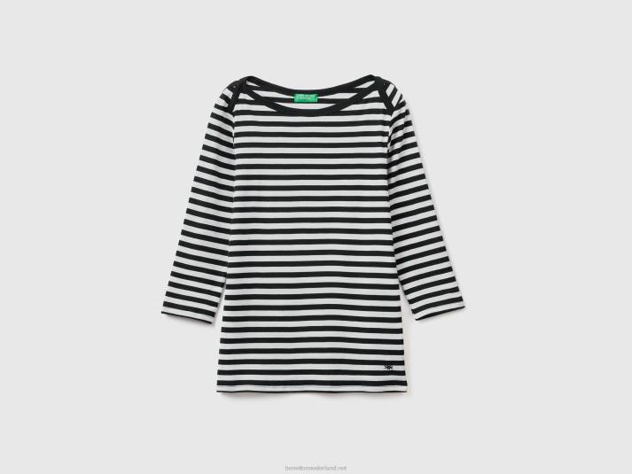 vrouwen Benetton gestreept t-shirt met 3/4 mouwen van puur katoen zwart 4R62442