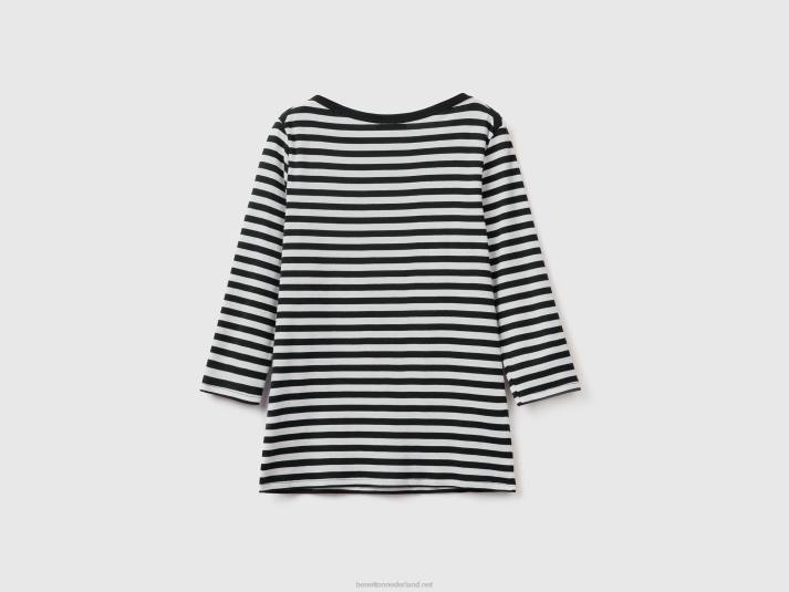 vrouwen Benetton gestreept t-shirt met 3/4 mouwen van puur katoen zwart 4R62442