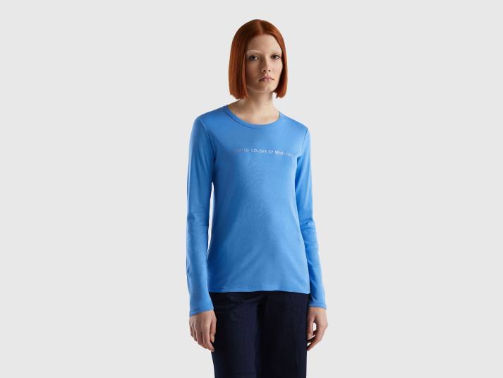 vrouwen Benetton lichtblauw t-shirt met lange mouwen van 100% katoen lichtblauw 4R623891