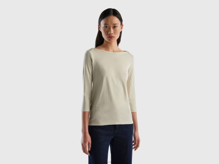 vrouwen Benetton t-shirt met boothals van 100% katoen beige 4R62475