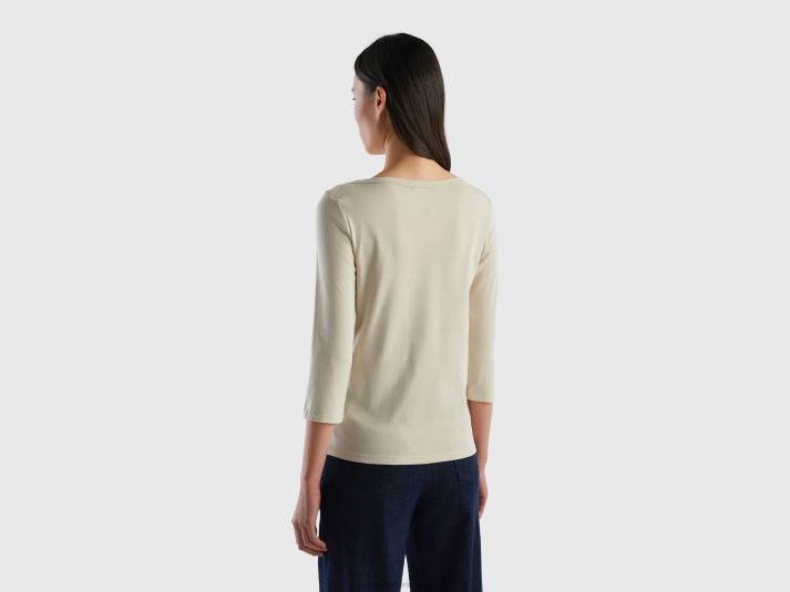 vrouwen Benetton t-shirt met boothals van 100% katoen beige 4R62475