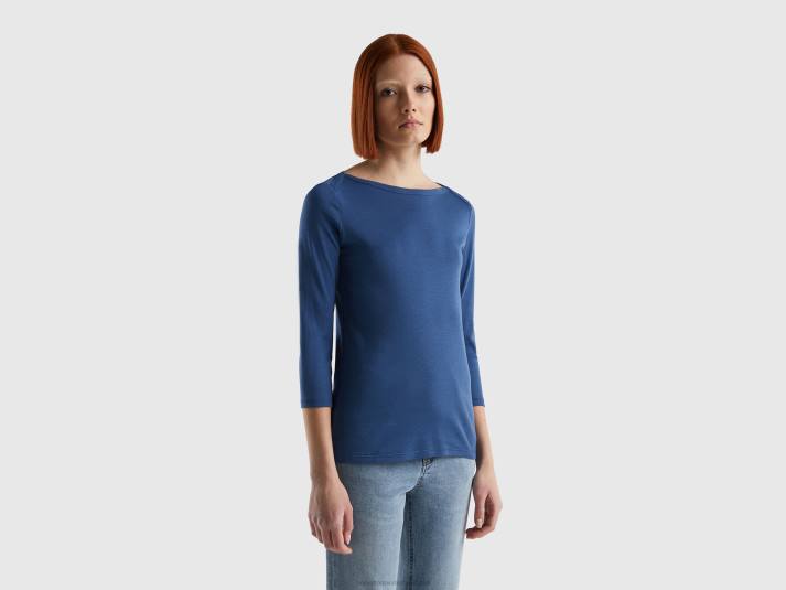 vrouwen Benetton t-shirt met boothals van 100% katoen blauw 4R623931