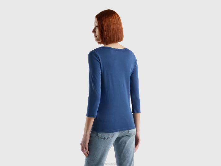 vrouwen Benetton t-shirt met boothals van 100% katoen blauw 4R62458