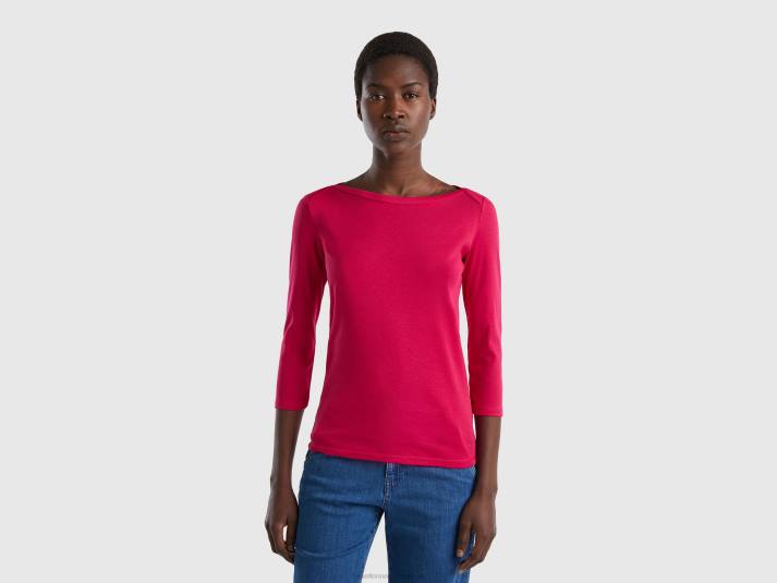vrouwen Benetton t-shirt met boothals van 100% katoen fuchsia 4R62332