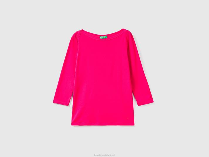 vrouwen Benetton t-shirt met boothals van 100% katoen fuchsia 4R62332