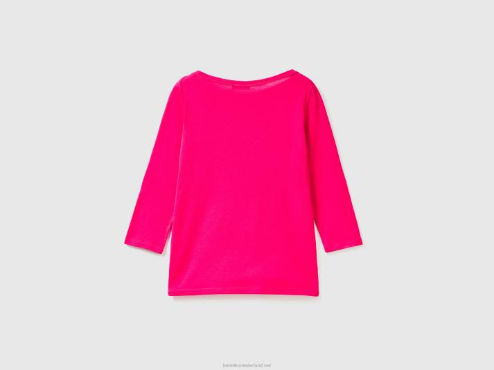 vrouwen Benetton t-shirt met boothals van 100% katoen fuchsia 4R62332