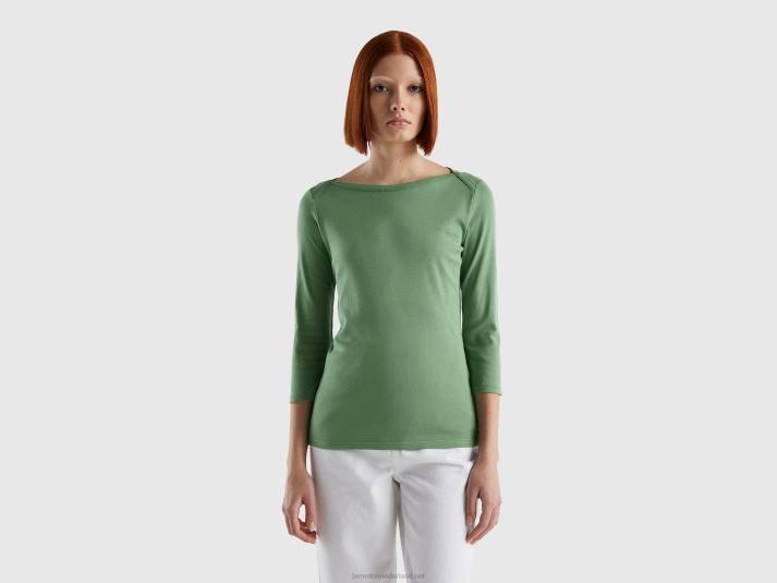 vrouwen Benetton t-shirt met boothals van 100% katoen groente 4R62323