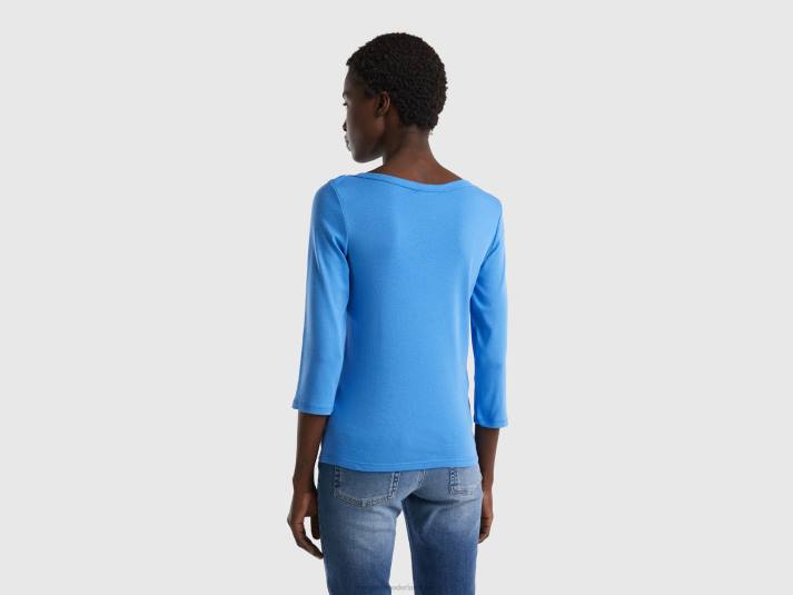 vrouwen Benetton t-shirt met boothals van 100% katoen lichtblauw 4R62368