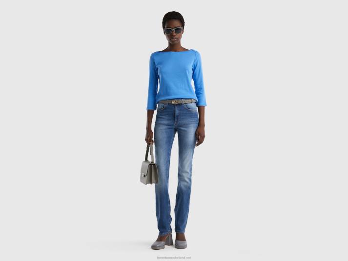 vrouwen Benetton t-shirt met boothals van 100% katoen lichtblauw 4R62368
