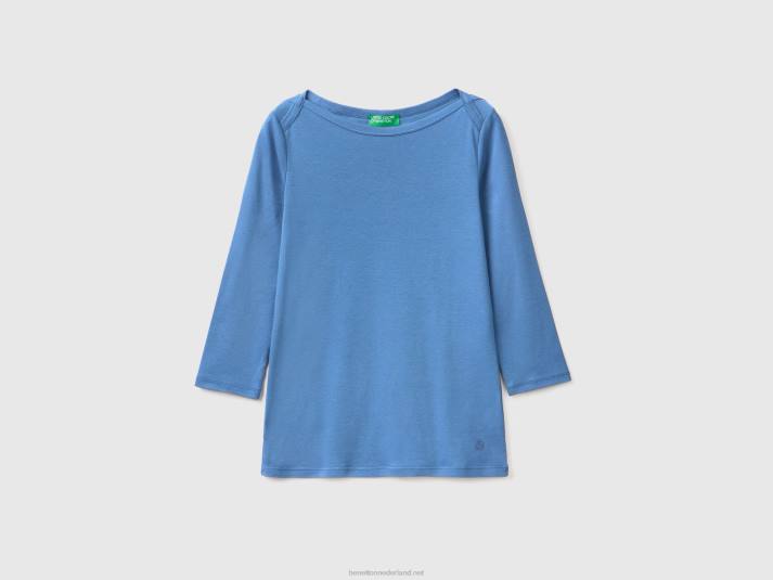 vrouwen Benetton t-shirt met boothals van 100% katoen lichtblauw 4R62368