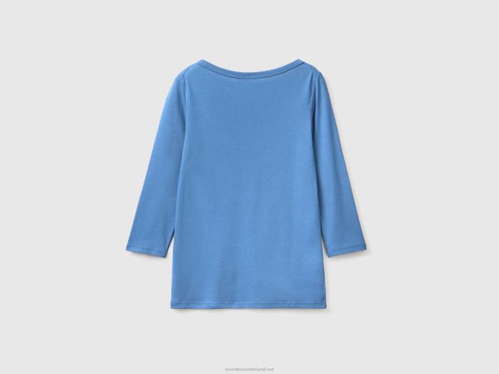 vrouwen Benetton t-shirt met boothals van 100% katoen lichtblauw 4R62368