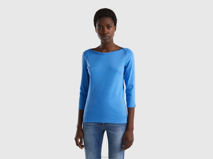 vrouwen Benetton t-shirt met boothals van 100% katoen lichtblauw 4R623842