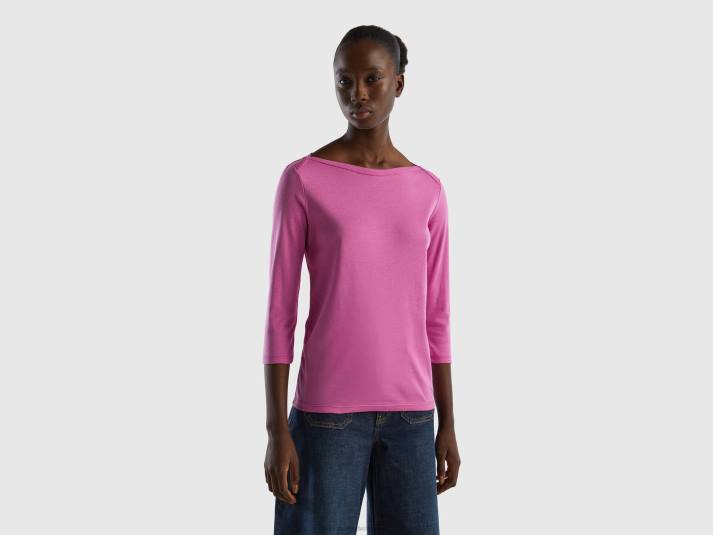 vrouwen Benetton t-shirt met boothals van 100% katoen roze 4R62377