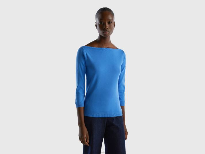 vrouwen Benetton Trui van 100% katoen met boothals lichtblauw 4R62115