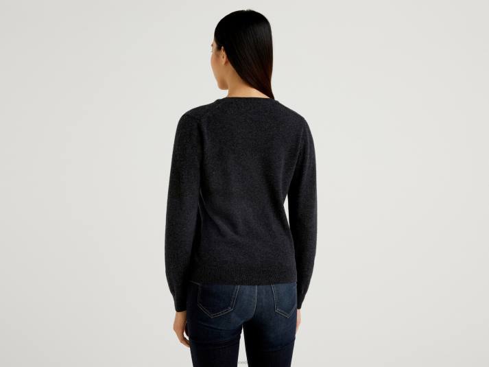 vrouwen Benetton antracietgrijze trui met v-hals van zuivere merinowol donkergrijs 4R623640