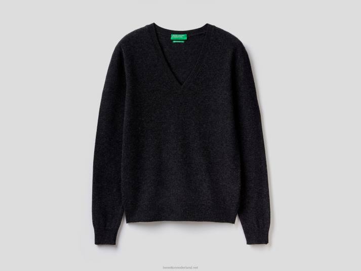 vrouwen Benetton antracietgrijze trui met v-hals van zuivere merinowol donkergrijs 4R623640