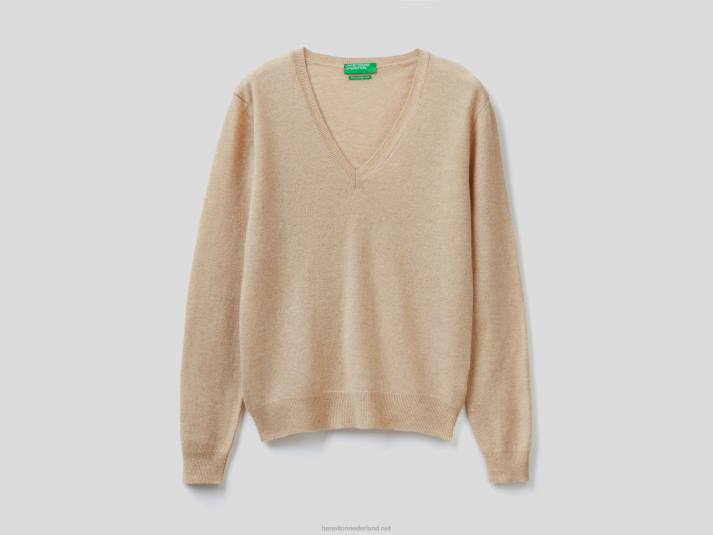 vrouwen Benetton beige trui met v-hals van zuivere merinowol beige 4R62180