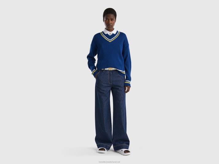 vrouwen Benetton blauwe trui met gestreepte randen blauw 4R623539