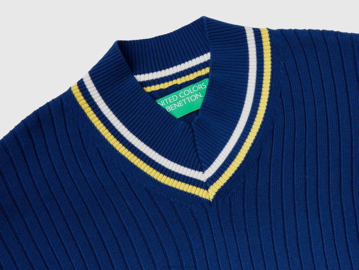 vrouwen Benetton blauwe trui met gestreepte randen blauw 4R6271