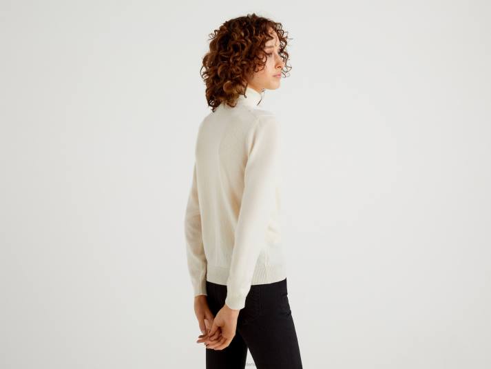vrouwen Benetton crèmekleurige coltrui van zuivere merinowol romig wit 4R62178