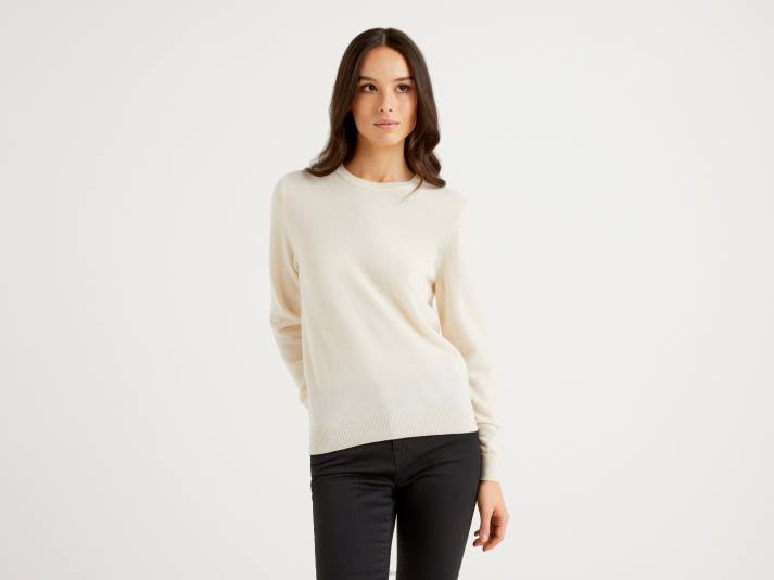 vrouwen Benetton crèmekleurige trui met ronde hals van merinowol romig wit 4R623686
