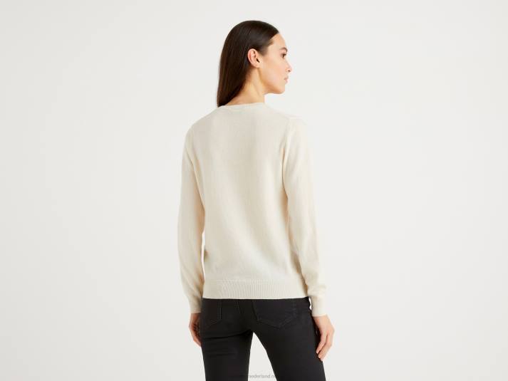 vrouwen Benetton crèmekleurige trui met ronde hals van merinowol romig wit 4R623686