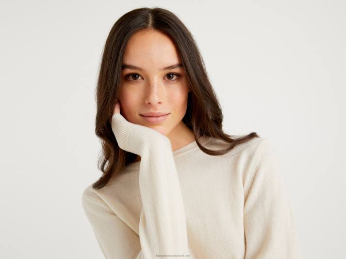 vrouwen Benetton crèmekleurige trui met ronde hals van merinowol romig wit 4R623686