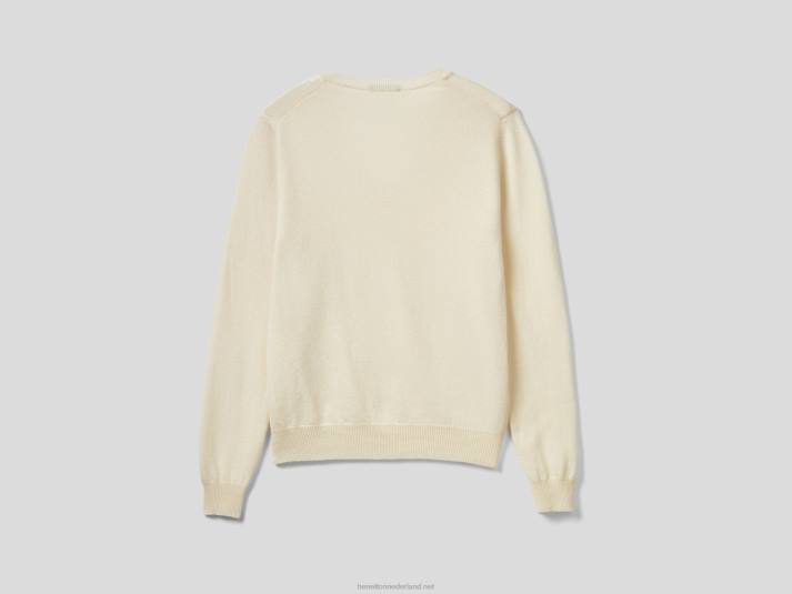 vrouwen Benetton crèmekleurige trui met v-hals van zuivere merinowol romig wit 4R62200