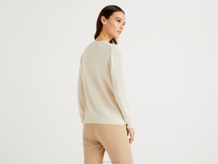 vrouwen Benetton crèmekleurige trui met v-hals van zuivere merinowol romig wit 4R623675