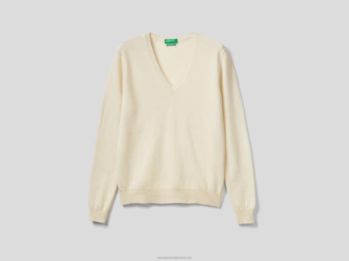 vrouwen Benetton crèmekleurige trui met v-hals van zuivere merinowol romig wit 4R623675