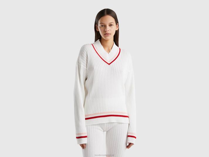 vrouwen Benetton creme witte trui met gestreepte randen romig wit 4R6244