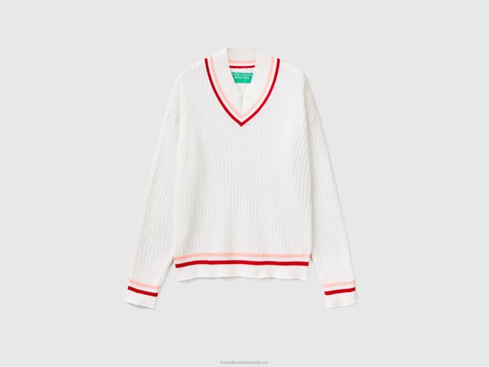 vrouwen Benetton creme witte trui met gestreepte randen romig wit 4R6244