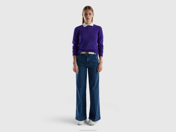 vrouwen Benetton diepblauwe trui met ronde hals van zuivere merinowol blauw 4R62152