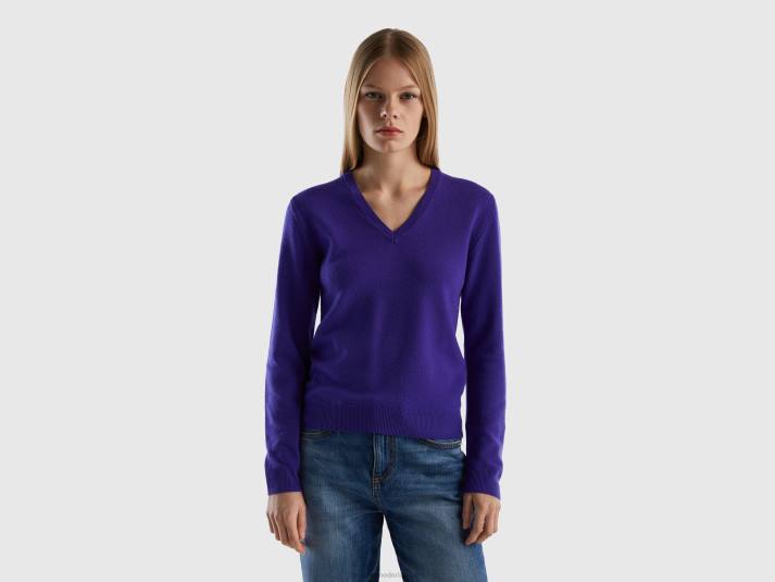 vrouwen Benetton diepblauwe trui met v-hals van zuivere merinowol blauw 4R62209