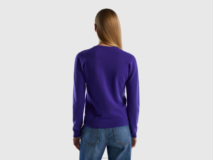 vrouwen Benetton diepblauwe trui met v-hals van zuivere merinowol blauw 4R62209