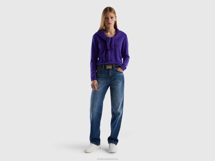 vrouwen Benetton diepblauwe trui met v-hals van zuivere merinowol blauw 4R62209