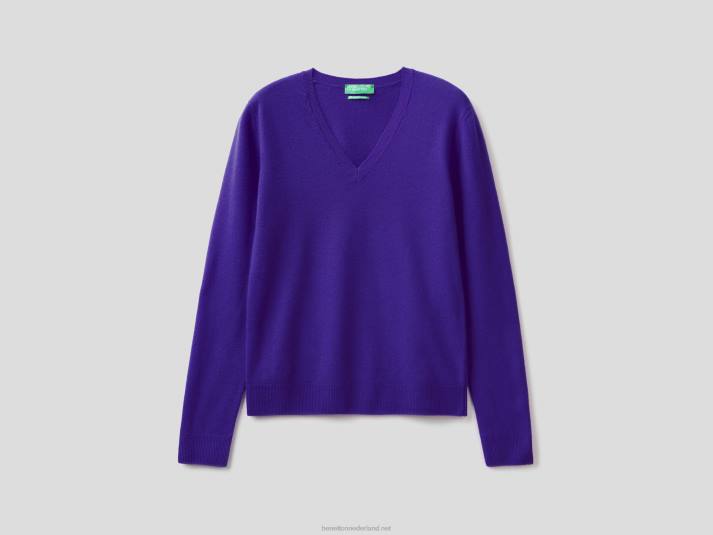 vrouwen Benetton diepblauwe trui met v-hals van zuivere merinowol blauw 4R62209