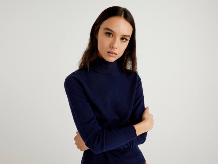 vrouwen Benetton donkerblauwe coltrui van zuivere merinowol donkerblauw 4R62163