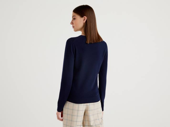 vrouwen Benetton donkerblauwe trui met ronde hals van merinowol donkerblauw 4R62171