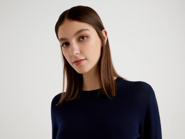 vrouwen Benetton donkerblauwe trui met ronde hals van merinowol donkerblauw 4R62171