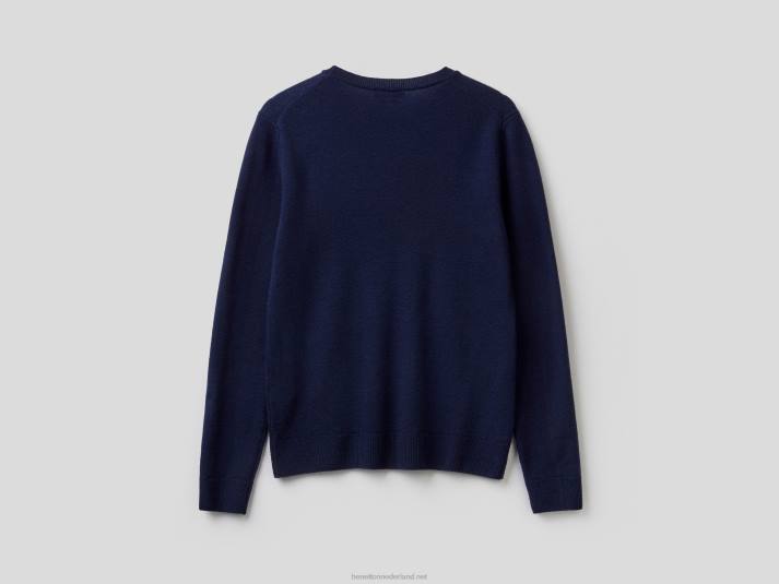 vrouwen Benetton donkerblauwe trui met ronde hals van merinowol donkerblauw 4R62171