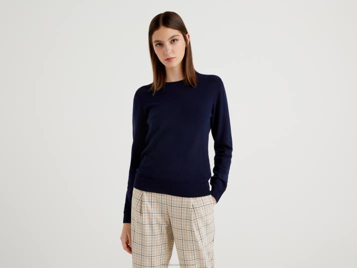 vrouwen Benetton donkerblauwe trui met ronde hals van merinowol donkerblauw 4R623643