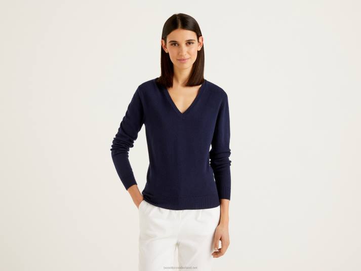 vrouwen Benetton donkerblauwe trui met v-hals van zuivere merinowol donkerblauw 4R62181